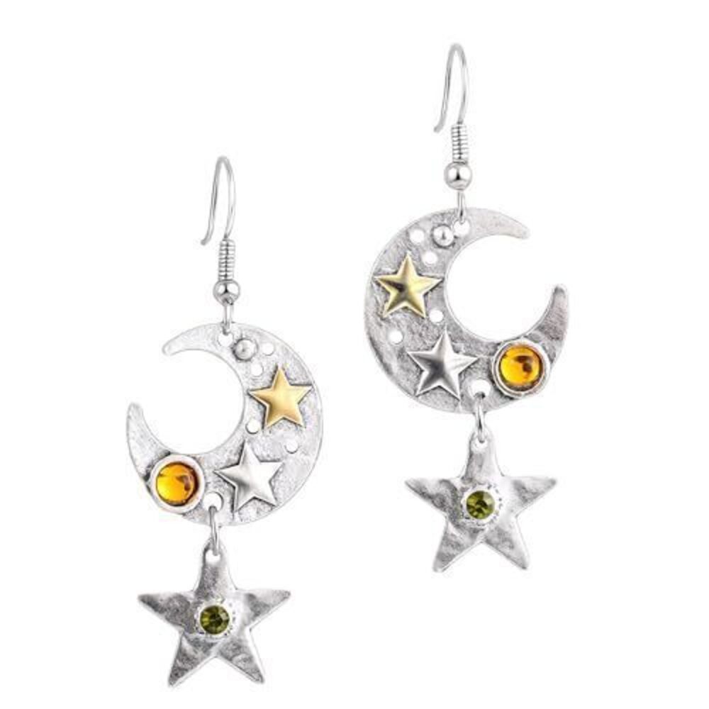 4739 Moon and Star Earrings , Vintage Silver Plated Moon Drop Dangle